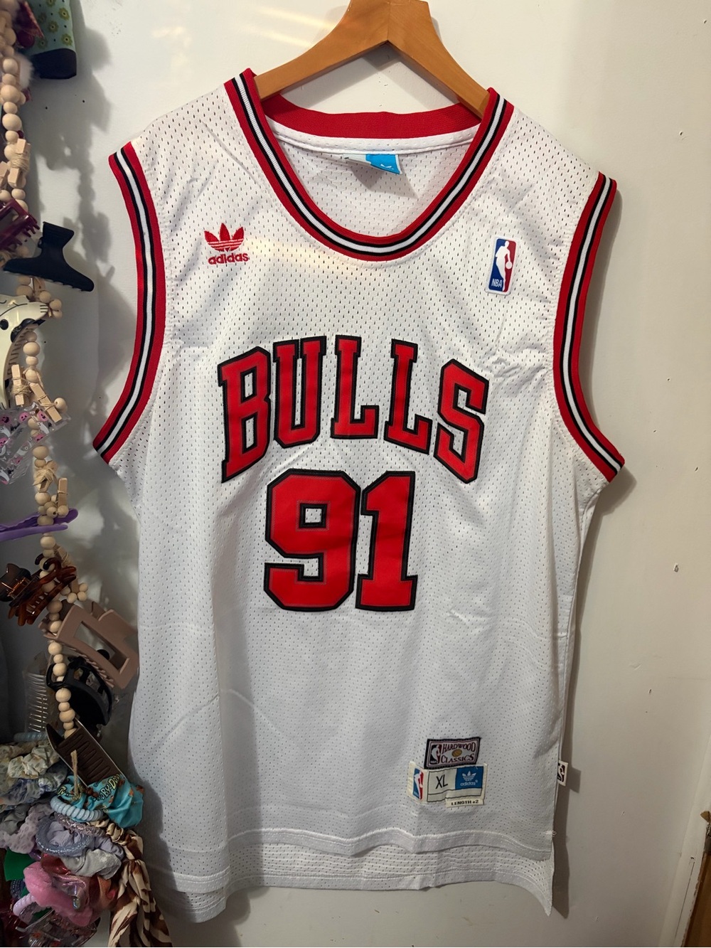 adidas White Chicago Bulls Jersey with Red and Black Trim - #91